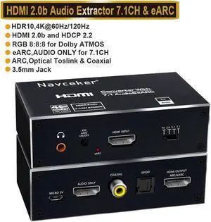 4K@60HZ HDMI 2.0b Audio Extractor, HDMI Audio Converter Adapter,HDMI to HDMI+HDMI Audio Out Only, Support Optical Toslink SPDIF, 3.5mm Audio Jack, Coaxial, 7.1Ch