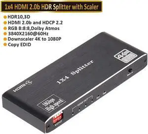 1x4 HDMI Splitter with EDID,4K60 HDR10,HDCP2.2, Dolby Vision Atmos for TV PS5 Xbox Game