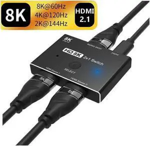 HD Switcher 8K, HDMI 2.1 Switch Splitter KVM 2 in1 Out Ultra HD 8K@60Hz 4K@120Hz High Speed 48Gbps Switch Adapter with Switch Button for Computer Laptop 2 Sources to 1 Display For PS4/5