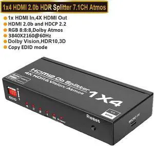 4k@60hz HDMI Splitter, 1 in 4 Out, Supports 3D, HDCP2.2, HDR10, 4K@60Hz, RGB 8:8:8, EDID Compatible with Xbox PS5/4/3 Blu-Ray Player Fire Stick Roku