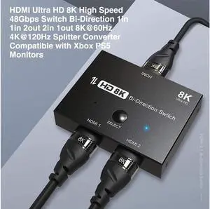 Ultra HD 8K Switcher Bi-Direction, HDMI 2.1 Switcher 2 in 1 out/1 in 2 out 8K@60Hz 4K@120Hz Ultra HD KVM Switcher 2x1 1x2 Adapter for PS4/5 TV Box HDTV Xbox Projector