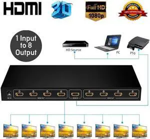 Hdmi Splitter 1 in 8 Out V1.4b Powered Hdmi Video Splitter with AC Adaptor Duplicate/Mirror Screen Monitor Supports Ultra HD 1080P and 3D Resolutions (1 Input to 8 Outputs)