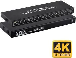 Hdmi Splitter 1x16 HDMI Splitter 1 in 16 Out, HDMI Splitter Supports Full HD1080P 4K and 3D, Compatible with Xbox PS16/16 Roku Blu-Ray Player HDTV (Included AC Adapter) (Black)