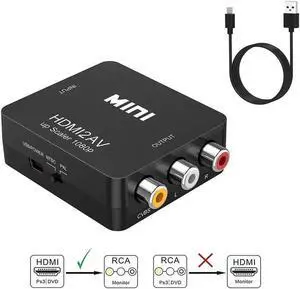 1080P HDMI to 3RCA CVBs HDMI to RCA,HDMI to AV Composite Video Audio Converter Adapter Supports PAL/NTSC for Amazon Fire TV Stick Roku Chromecast Apple TV PC Laptop Xbox HDTV DVD - Black