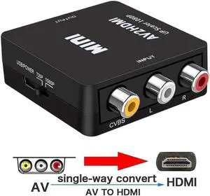 RCA to HDMI AV to HDMI 1080P Mini RCA Composite Cvbs AV to HDMI Video Audio Converter Adapter Supporting PAL/Ntsc with USB Power Cable for PC Laptop Xbox PS3/4 TV Stb VHS VCR Camera DVD