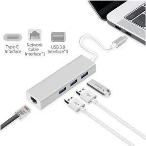 USB C to Ethernet Type C to Gigabit Ethernet with 3 USB 3.0 Aluminum Adapter, 10/100/1000 Mbps Thunderbolt 3 Compatible, for PC Laptop Windows macOs USB Flash Drives etc, Silver