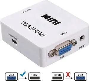 VGA to HDMI, 1080P Full HD Mini VGA to HDMI Audio Video Converter Adapter Box with USB Cable and 3.5mm Audio Port Cable Support HDTV for PC Laptop Display Computer Mac Projector (White)