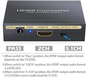 HDMI Audio Extractor, HDMI To HDMI Audio Optical and RCA(L/R) Stereo Analog Outputs Video Audio Splitter Converter Support 4K 3D 1080P(50/60HZ) for Blu-ray Player Xbox PS3 PS4