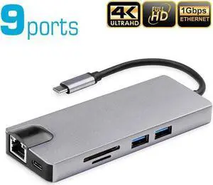 USB C Hub 9-in-1 USB C Adapter with 4K USB C to HDMI,2 USB 3.0,SD TF Card Reader PD Charging Port Gigabit Ethernet, 1080P VGA, Audio/Mic for MacBook Pro/Air and Type C Windows Laptops