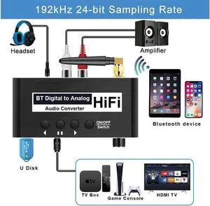 192kHz Digital to Analog Audio Converter with Volume Adjustable Toslink Optical to RCA DAC Decoder Digital DAC Converter SPDIF TOSLINK to Stereo L/R 3.5mm Jack with Volume Control Remote