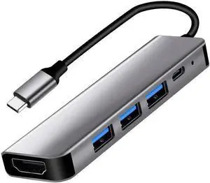 USB C Hub 5 in 1 Multi-Port Digital AV Adapter 4K HDMI, 100W Power Delivery, 3 USB-A 3.0 Data Ports, USB C Dongle for MacBook Pro/Air, iPad Pro, iMac, iPhone 15 Pro/Pro Max, XPS, and More