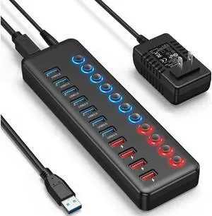 11-Port Powered USB-A Hub 36W with 7 USB 3.0 Data Ports + 4 Smart Charging Ports, USB Splitter with Individual On/Off Switches for Laptop, Mac, PC, HDD, Mulitple Devices