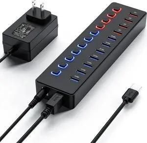Powered USB Hub, 11-Port USB 3.0 Hub (7 Faster Data Transfer Ports+ 4 Smart Charging Ports), Individual Switches and 12V/3A Power Adapter, USB Port Expander for Laptop/PC, U11HUB