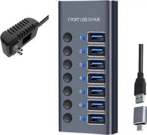 Powered USB Hub 3.0, Aluminum 7 Port USB 3.0 Data Hub Splitter with 12V/3A 36W Power Adapter and Individual On/Off Switches for Mouse, Keyboard, Hard Drive or More USB Devices