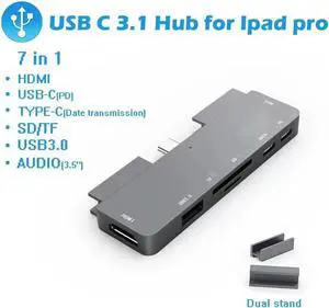 Aluminum Type-C Mobile Pro Hub Adapter with USB-C PD Charging, 4K HDMI USB 3.0 & 3.5mm Headphone Jack PD Charging&Data,SD/Micro Card Reader - For 2020/2018 iPad Pro Microsoft Surface Go