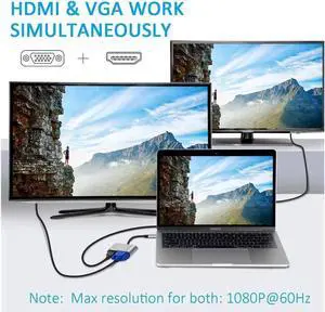 USB C to 4K HDMI VGA Adapter 2-in-1 Hub with 4Kx2K HDMI, 1080P VGA Compatible for MacBook/MacBook Pro/Chromebook Pixel /Dell XPS/Samsung Galaxy and More