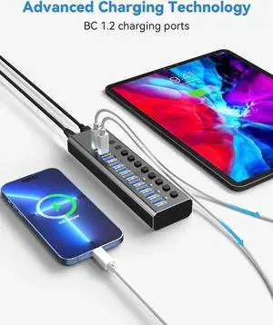 Powered USB Hub, 10-Port Hybrid USB 3.2/ USB C Hub with 48W Power Adapter, Aluminum USB Splitter Including 10Gbps USB-A 3.2 Ports, 2 USB-C 3.0 Ports and 7 USB 3.0 Ports for PC,Laptop and More