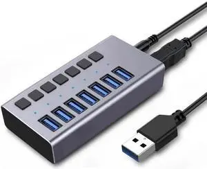 Powered USB 3.0 Hub, 7-Port USB Hub Splitter (7 Data Transfer Ports+ 7 Charging Ports) with Individual LED On/Off Switches, USB Hub 3.0 Powered with Power Adapter for Mac, PC