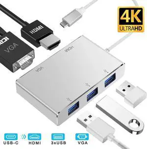 USB C Hub, Type C Adapter, 5-in-1 Dongle with 4K HDMI & 1080P VGA, 3 USB 3.0, Compatible for MacBook Air Pro, Chromebook and Other Type C Laptops
