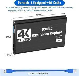 USB3.0 2.0 4K Video Capture Card HD 1080P Game Grabber HDMI-compatible Capture Card with Micr & HDMI Loop-Out, For Youtube Live Streaming