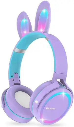 Gemdeck Kids Headphones Cat Ear LED Light Up Foldable Bluetooth Headphone Purple