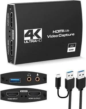 4K@60Hz HDMI-Compatible Video Capture Card Live Recording Box 4K HDMI to USB3.0/Type-C Video Card with Mic & 3.5mm Audio for Game Live Streaming for PS4 Computer Phones