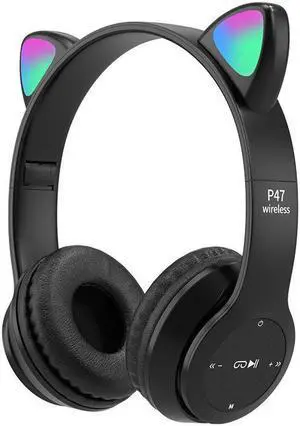 Gemdeck RGB Cat Ear Headphones Wireless Foldable Gaming Headphones Built-in Microphone Black