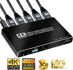 4x1 HDMI Video Capture Card 4K@30Hz 4K30FPS Seamless Switch,USB3.0 HDMI Capture Card Switch with with Mic&Audio Game Capture Card for Live Streaming Video Recording Screen Capture Device