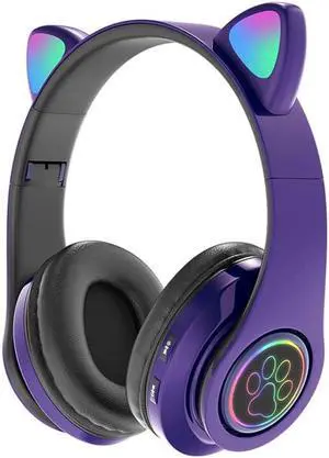 Gemdeck Cat Ear Bluetooth Headset Luminous Cat Ear Wireless Headset Pluggable Cable Purple