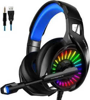 Gemdeck Gaming Headset with Microphone, Headphones with LED RGB Light, Stereo Surround Sound Blue