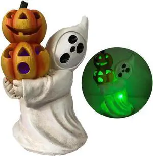 Gemdeck Halloween Decor Ghost With Pumpkin Light Up Jack-o'-lantern Ceramic Pumpkin Light D