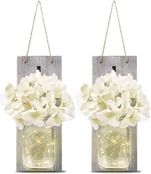 Gemdeck Hanging Lantern Mason Jar Lights Wooden Board Led Mason Jar Wall Lights