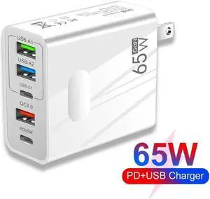 USB C Charger 65W 5-Port Portable Charger USB Type-C Charger Compact GaN Fast Charger USB C Fast Charging Block for MacBook Pro/Air iPhone 14 Pro, Galaxy Tab S8, S23, Dell XPS 13- White