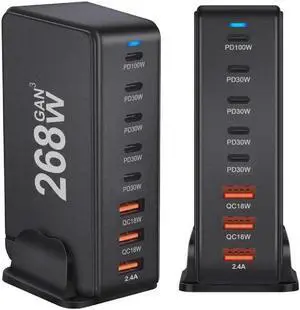 8 Prots USB C 268W Fast Charger QC4.0 USB PD Muti Ports GaN Charger Mobile Phone Quick Charging Type C Wall for iPhone Xiaomi Samsung - Black 8 Prots USB C 268W Fast Charger QC4.0 USB PD Muti Ports GaN Charger Mobile Phone Quick Charging Type C Wall for iPhone Xiaomi Samsung - Black