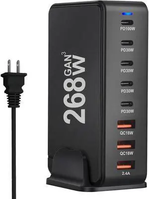 268W GaN Charger USB PD Muti Plugs QC4.0 Fast Charging GaN Charger Mobile Phone Quick Charging Type C Desk for IPhone Xiaomi Samsung - Black