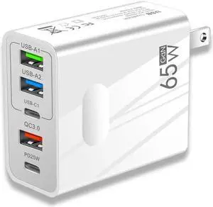 5-Port 65W USB-C PD Laptop Charger Power Adapter Compatible with MacBook Pro/Air, iPad Pro, iPhone 14 Pro, Galaxy Tab S8, S23, Dell XPS 13- White
