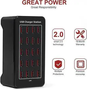 100w 20(20A) Port, USB Fast Charging Station,Travel Desktop USB Rapid Charger,Multi Ports Charging Station Organizer Compatible with Smartphones,Tables,and More Devices - Black