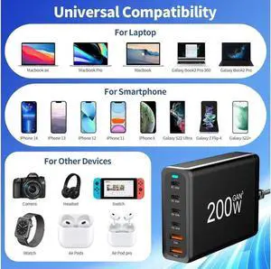 200W GaN USB C Quick Charge QC3.0 PD 3.0 TypeC 6-Port Supercharge Plug For iPad iPhone Samsung Xiaomi Universal Fast Charger - Black