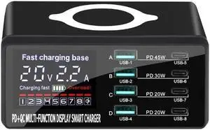 110W 8 Port USB C Charging Station Hub Block Charger Power Strip Adapter Plug Cube, 4C4A (C1 45W + C2 30W+C3/C4 20W) + 15W Wireless Charging, USB C Fast Charger for Cell Phone, Tablet