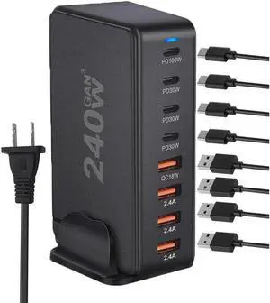 8 Port USB C Charger 240W QC3.0 PD3.0 GaN Charger Type C Adapter with Fast Desk Charger Compatible for iPhone, MacBook Pro, iPad Pro, Switch, Galaxy S22/S21