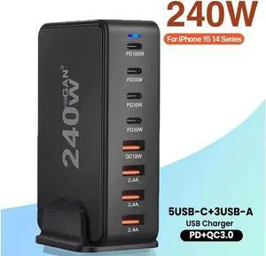 8 Port USB C Charging Station, Charger GaN 240W, QC3.0 Fast Compact Desk Charger for MacBook Pro/Air, Dell XPS,iPhone 15 Pro,ipad pro,Galaxy S23,Pixel 7