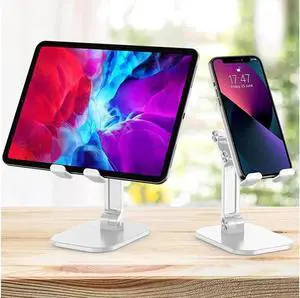 Upgraded Adjustable Desktop Cell Phone Holder, Cradle Dock Tablet Stand, Foldable Phone Stand Dock For (4.7-12.9") iPad, ipad Pro 12.9, Air Mini 4, iPhone, Kindle, Switch, White