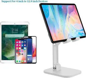 Upgraded Desktop Tablet Holder Table Cell Foldable Extend Support Desk Mobile Phone Holder Stand For iPad Pro Air Mini, Galaxy Tabs, Cell Phones, 4-12.9" Devices, White