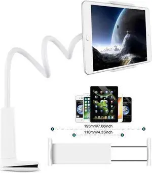 Tablet Holder Mount for Bed, Gooseneck Flexible Ipad Holder with 360° Clip and Large Clamp for 4.7-10.6" Devices Like iPad Mini 7.9 Air 9.7, Switch, Galaxy Tabs (White)