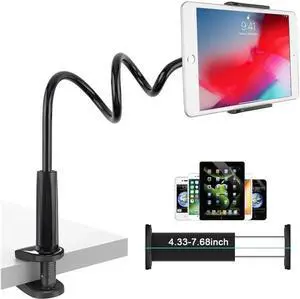 Gooseneck Tablet Holder - Flexible Arm 360 Mount Clip Bracket Clamp Stand Compatible with iPhone SE 11 Pro XS Max XR X, Samsung, Switch ipad Kindle and More 4.7-10.6inch Devices (Black)