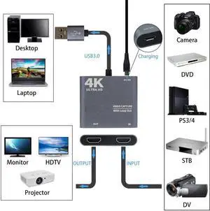 4K 1080P USB 3.0 To HD-compatible Video Audio Game Capture Card With Loop Out Full 1080p 60 Record Via DSLR Camcorder