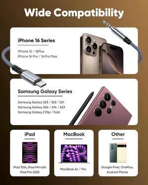 USB C to 3.5mm Aux Audio Cable (2-Pack 3.3FT) for iPhone 16/15 iPad Pro Galaxy S23 S22 S21 Android Pixel Headphone Type C to 3.5mm Headphone Car Stereo Cord
