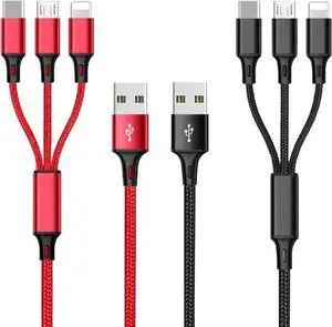 Multi Charging Cable 4ft 2Pack Multi Phone Charger Cable Braided Universal 3 in 1 Charging Cord Extra Long Multiple USB Cable with USB C Micro USB Port Connectors for Cell Phones and MoreRed+Black)