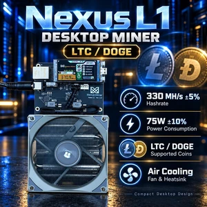 Nexus Miner L1 Scrypt Solo Miner for Dogecoin & Litecoin, 330 MH/s ±5%, 75W ±10%, Quiet Air Cooling, Wi-Fi, Power Supply Included Nexus Miner L1 Scrypt Solo Miner for Dogecoin & Litecoin, 330 MH/s ±5%, 75W ±10%, Quiet Air Cooling, Wi-Fi, Power Supply Included