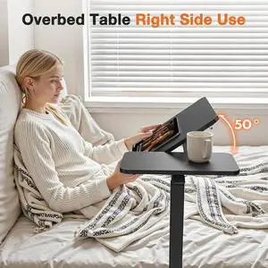 Overbed Bedside Table, Mobile Standing Desk Adjustable Height, Small Rolling Laptop Computer with Wheels, Tiltable Desktop with Tray for Hospital Office Bedroom Sofa Teachers, Black